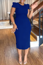 Blue Casual Solid Patchwork Slit O Neck Wrapped Skirt Dresses