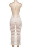 White Sexy Striped Bandage Patchwork See-through Backless Halter Sleeveless Dress Dresses