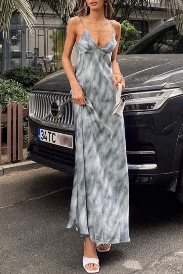 Grey Sexy Casual Print Backless Spaghetti Strap Long Dress Dresses