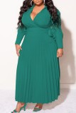 Green Casual Solid Frenulum V Neck Pleated Plus Size Dresses