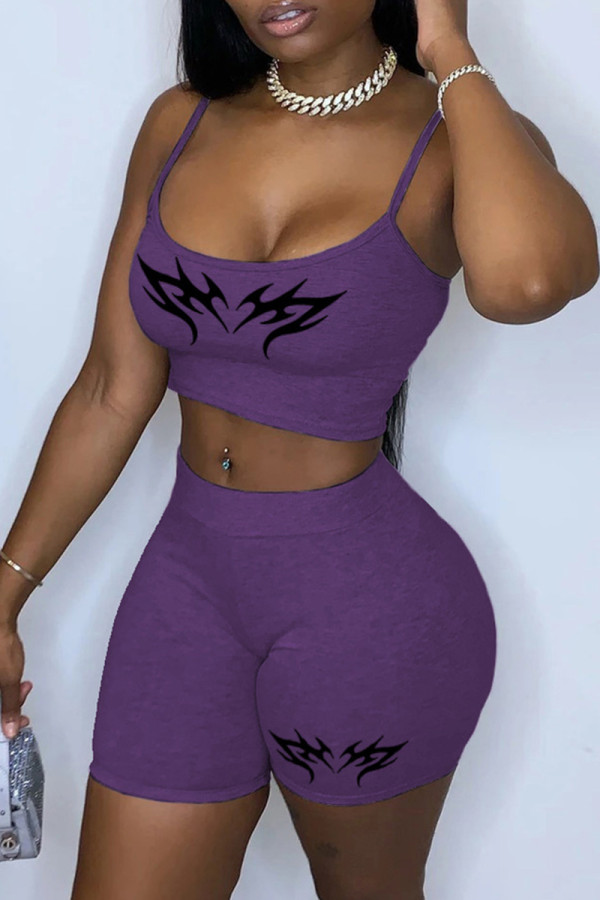 Light Purple Sexy Casual Print Backless Spaghetti Strap Sleeveless Two Pieces
