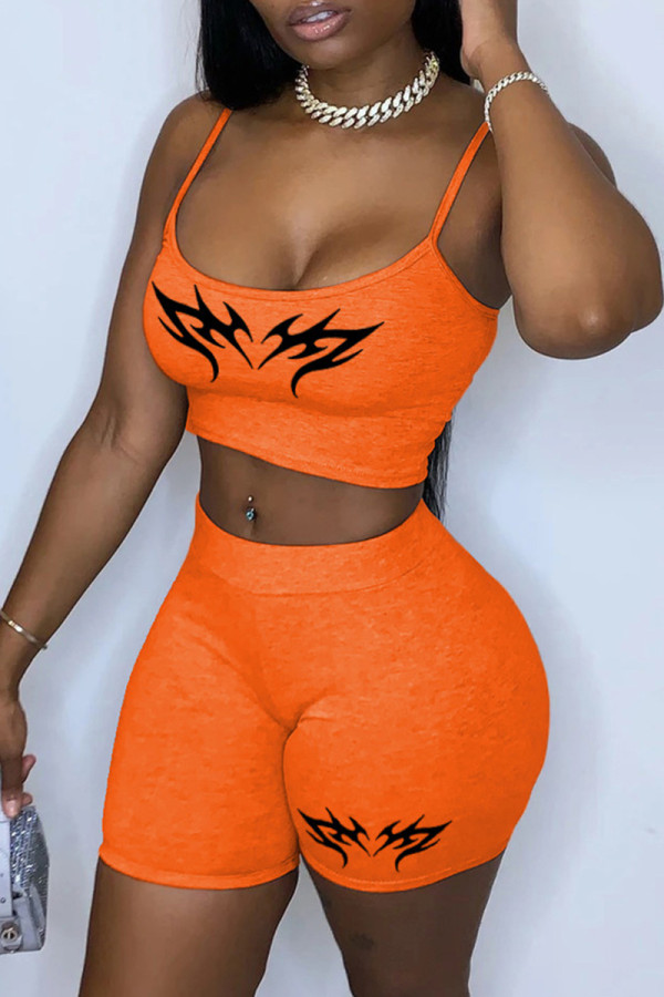 Orange Sexy Casual Print Backless Spaghetti Strap Sleeveless Two Pieces