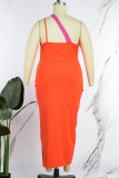 Red Orange Sexy Solid Patchwork Slit Contrast Oblique Collar Sleeveless Dress Plus Size Dresses