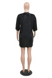 Black Casual Letter Print Sequins Patchwork O Neck One Step Skirt Dresses (Subject To The Actual Object )