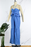 Blue Casual Solid Patchwork Backless Flounce Halter Loose Jumpsuits
