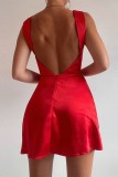 Red Sexy Solid Backless Slit Square Collar Sling Dress Dresses
