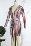 Brownness Sexy Casual Print Basic V Neck Long Sleeve Dresses