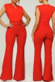Red Casual Solid Patchwork Skinny High Waist Conventional Solid Color Trousers