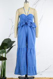 Blue Casual Solid Patchwork Backless Flounce Halter Loose Jumpsuits