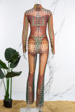 Colour Street Print Patchwork Mesh Turtleneck Long Sleeve Two Pieces