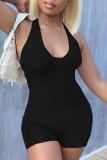 Black Sexy Casual Solid Backless Halter Skinny Romper