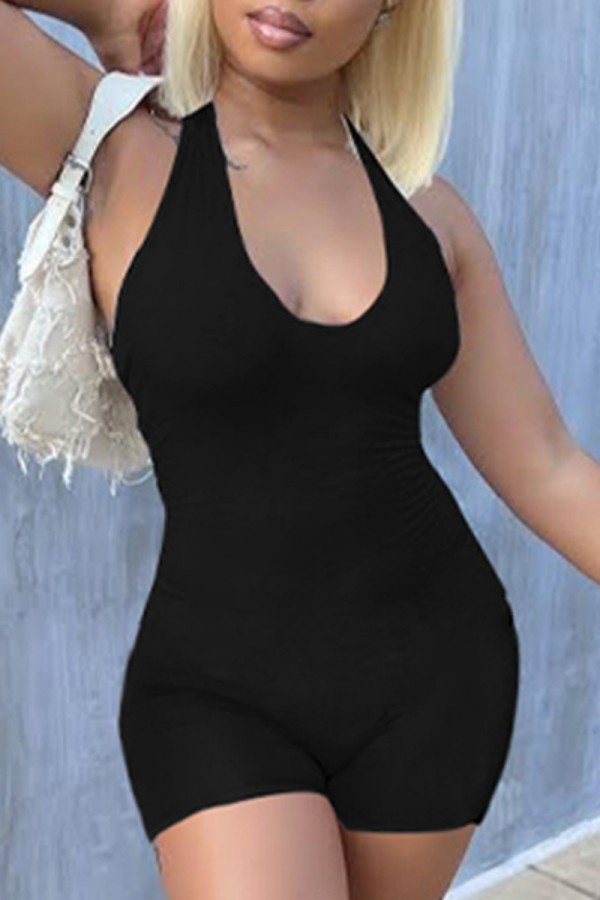 Black Sexy Casual Solid Backless Halter Skinny Romper