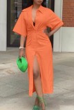 Orange Casual Solid Slit Turndown Collar Shirt Dress Dresses
