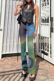 Green Casual Print Basic Regular High Waist Conventional Full Print Trousers