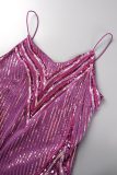 Rose Red Sexy Patchwork Sequins Backless Spaghetti Strap Sleeveless Dress Dresses