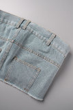 Blue Sexy Casual Solid Patchwork Backless Strapless Sleeveless Skinny Denim Tops