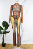 Colour Street Print Patchwork Mesh Turtleneck Long Sleeve Two Pieces