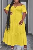 Yellow Casual Solid Hollowed Out Patchwork Frenulum U Neck Long Dress Plus Size Dresses
