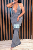 Grey Sexy Solid Patchwork Backless Fold V Neck Wrapped Skirt Dresses