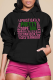Black Casual Daily Print Draw String Letter Hooded Collar Tops