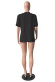 Black Casual Print Tassel Patchwork V Neck T-Shirts