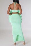 Light Green Sexy Casual Solid Bandage Patchwork Backless Slit Halter Sleeveless Two Pieces