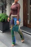 Green Casual Print Basic Regular High Waist Conventional Full Print Trousers