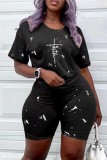 Black Casual Print Basic O Neck Short Sleeve Two Pieces