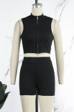 Grey Casual Solid Patchwork Zipper Collar Two Pieces