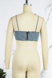 The cowboy blue Sexy Casual Solid Bandage Backless Rhinestone Spaghetti Strap Tops