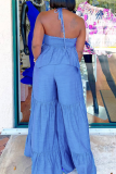 Blue Casual Solid Patchwork Backless Flounce Halter Loose Jumpsuits