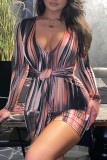 Brownness Sexy Casual Print Basic V Neck Long Sleeve Dresses