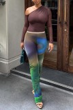 Green Casual Print Basic Regular High Waist Conventional Full Print Trousers