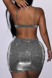 Silver Sexy Solid Backless Spaghetti Strap Sleeveless Two Pieces
