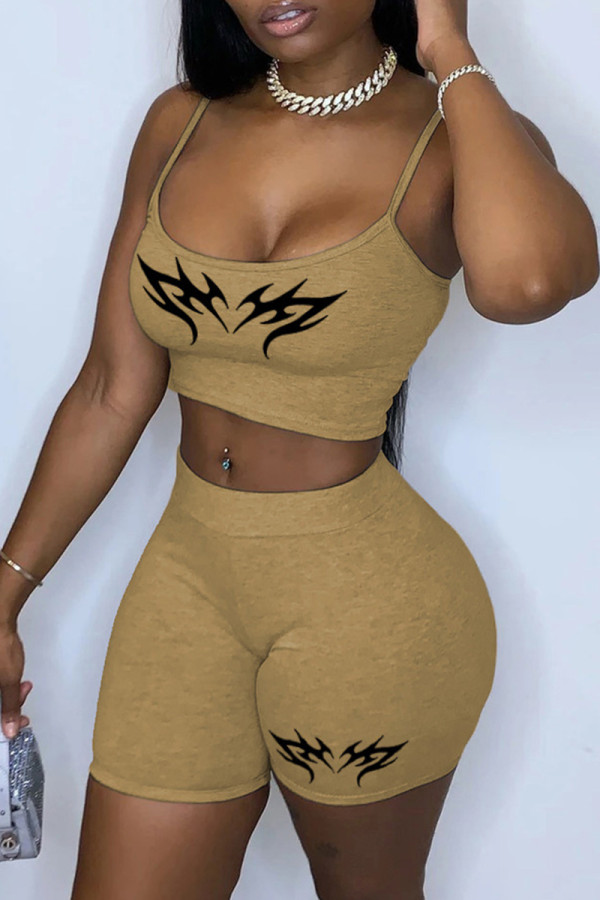 Khaki Sexy Casual Print Backless Spaghetti Strap Sleeveless Two Pieces
