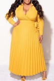 Rose Red Casual Solid Frenulum V Neck Pleated Plus Size Dresses