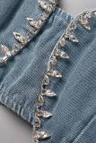 The cowboy blue Sexy Casual Solid Bandage Backless Rhinestone Spaghetti Strap Tops