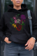 Black Casual Vintage Print Draw String Hooded Collar Tops