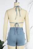 Blue Sexy Casual Solid Bandage Backless Halter Sleeveless Two Pieces