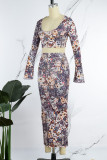 Multicolor Casual Print Basic O Neck Long Sleeve Two Pieces