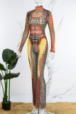 Colour Street Print Patchwork Mesh Turtleneck Long Sleeve Two Pieces