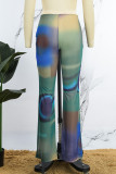 Green Casual Print Basic Regular High Waist Conventional Full Print Trousers