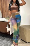 Green Casual Print Basic Regular High Waist Conventional Full Print Trousers