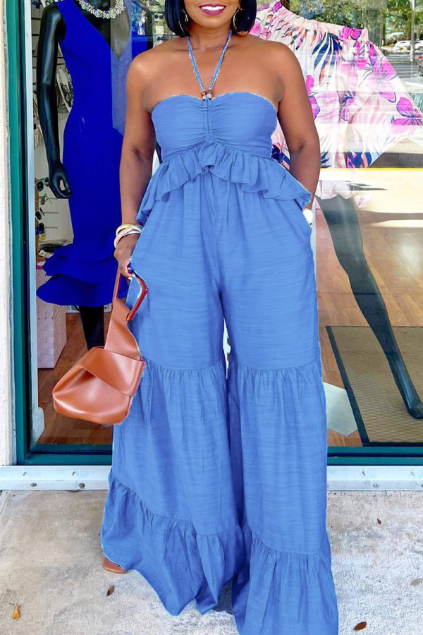 Blue Casual Solid Patchwork Backless Flounce Halter Loose Jumpsuits