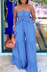 Blue Casual Solid Patchwork Backless Flounce Halter Loose Jumpsuits