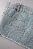 Blue Sexy Casual Solid Patchwork Backless Strapless Sleeveless Skinny Denim Tops