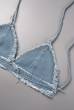 Blue Sexy Casual Solid Bandage Backless Halter Sleeveless Two Pieces