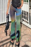 Green Casual Print Basic Regular High Waist Conventional Full Print Trousers