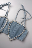 The cowboy blue Sexy Casual Solid Bandage Backless Rhinestone Spaghetti Strap Tops