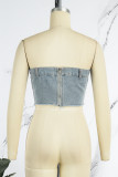 Blue Sexy Casual Solid Patchwork Backless Strapless Sleeveless Skinny Denim Tops